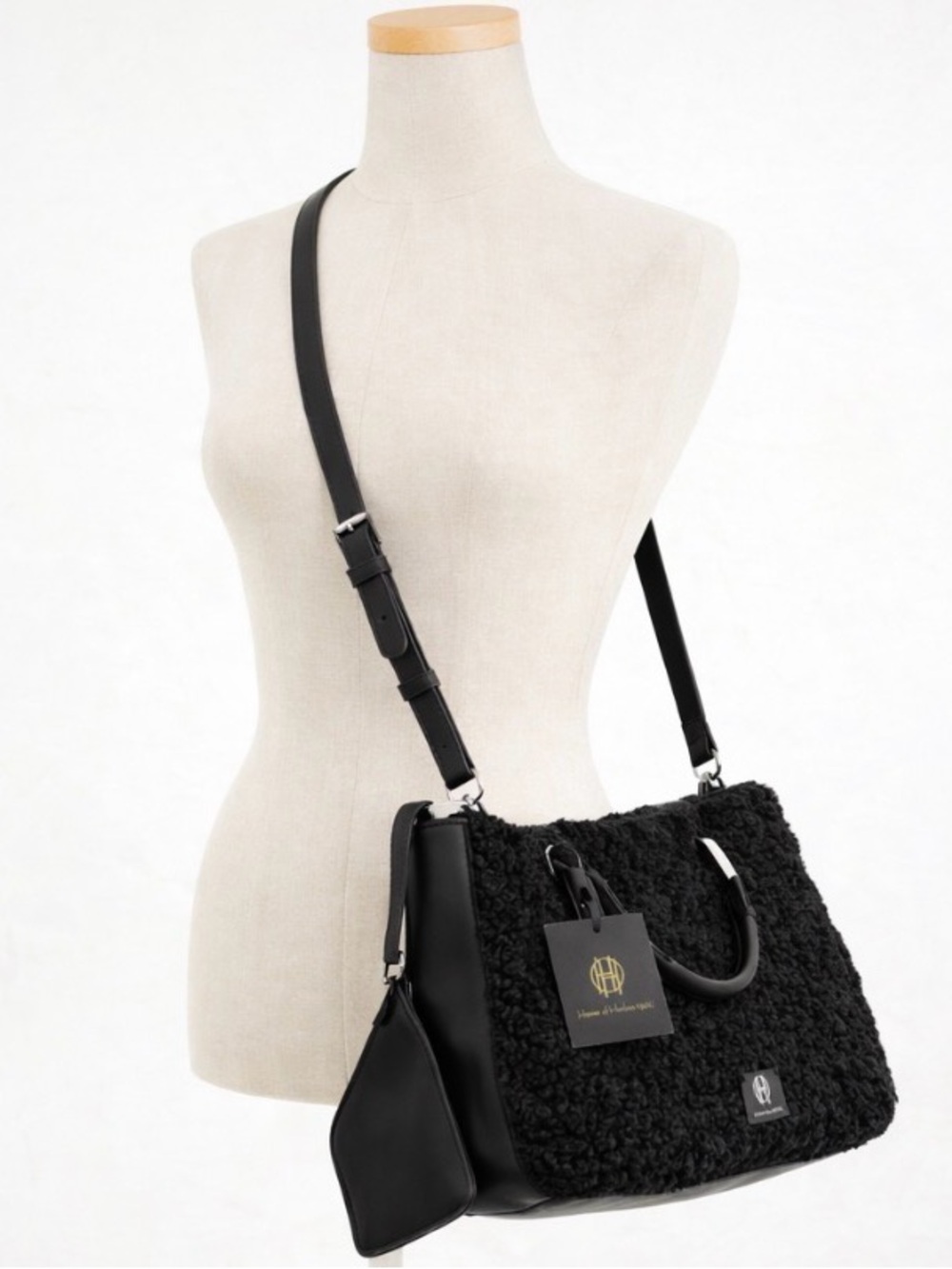 House of Harlow 1960 Black Sherpa Leather Tote Crossbody Bag + Wristlet Set NEW